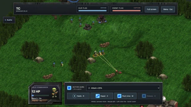 Actual Tactical Cover v3 gameplay: Infantry in combat near trees and sandbags.